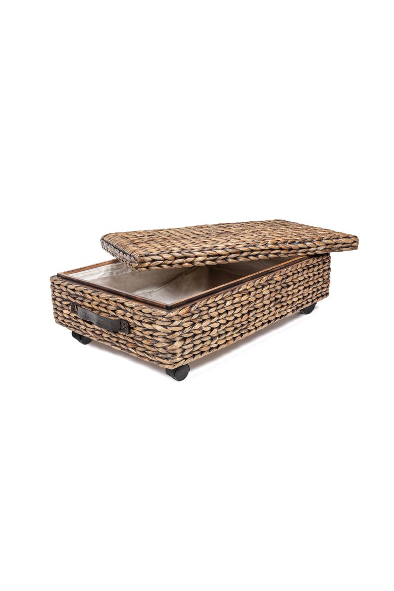 Chett Minimalist Hand-Woven Hyacinth/Wood Underbed Storage Bin with Wheels and Handles, Main, color, Brown Wash