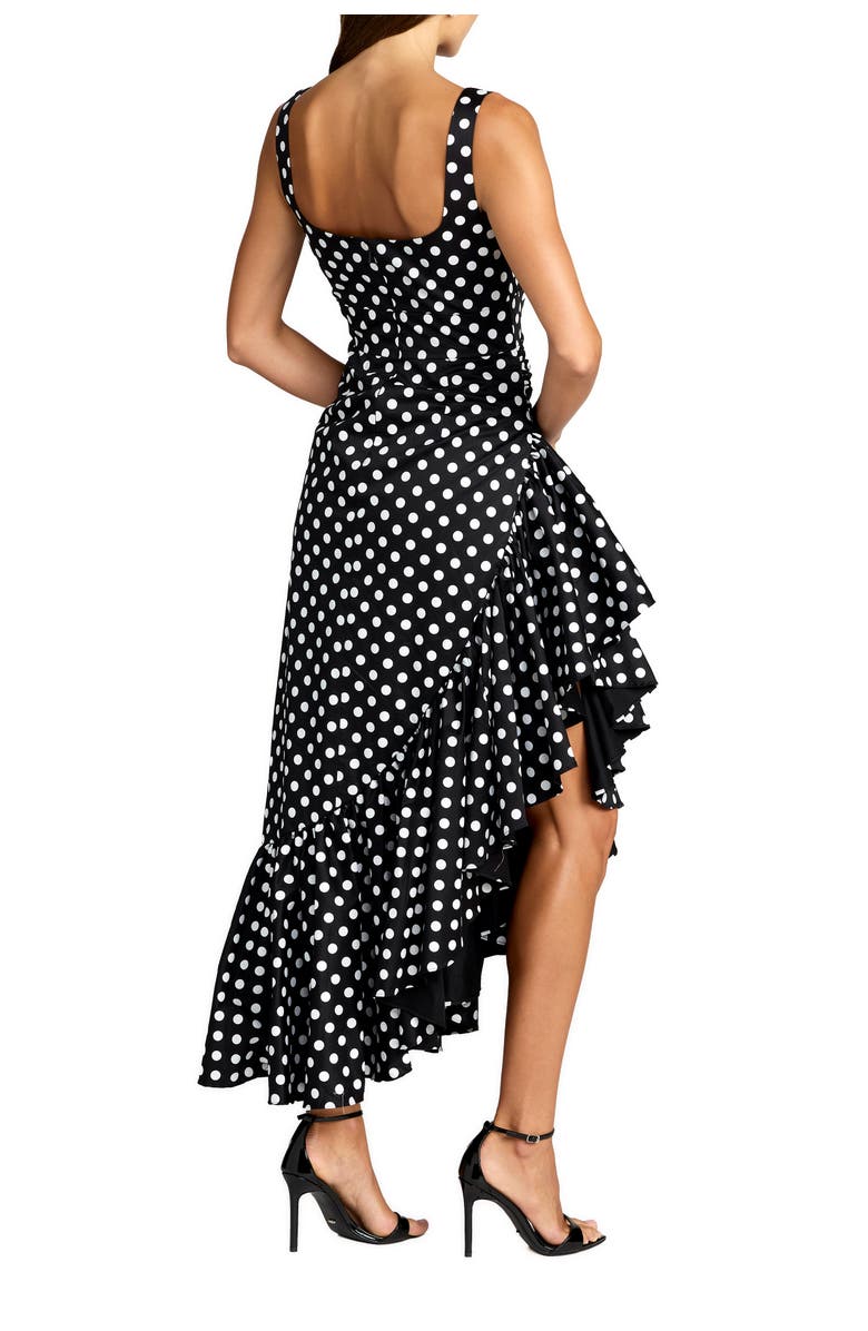 Mac Duggal Sleeveless Polka Dot Midi Dress with Ruffled Hem, Alternate, color, Black Ivory