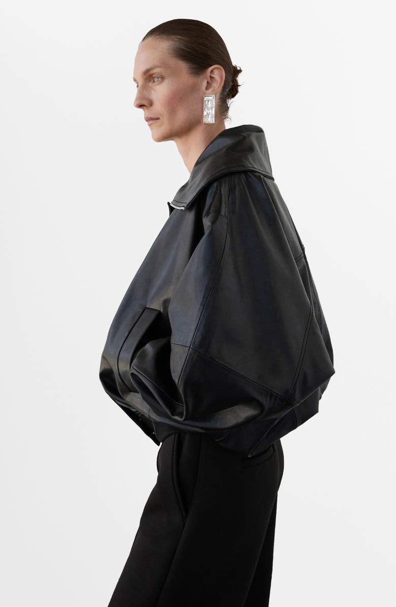 MANGO Selection Oversize Leather Bomber Jacket, Alternate, color, Black