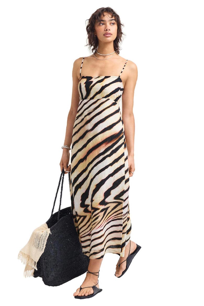 Arden Printed Linen Cover-Up Sundress, Alternate, color, SHELL STRIPE