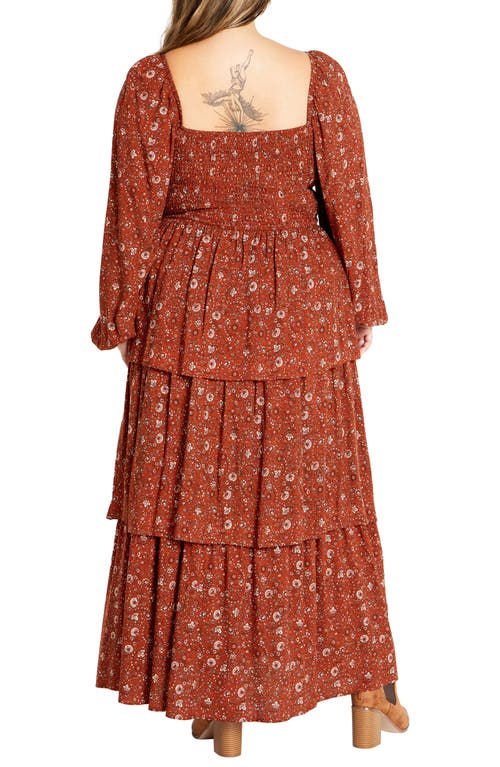 City Chic Dahlia Smocked Long Sleeve Tiered Maxi Dress In Spice Ditsy
