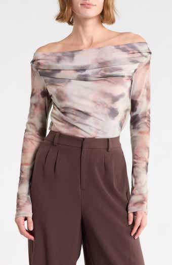 Off the Shoulder Ruched Mesh Top