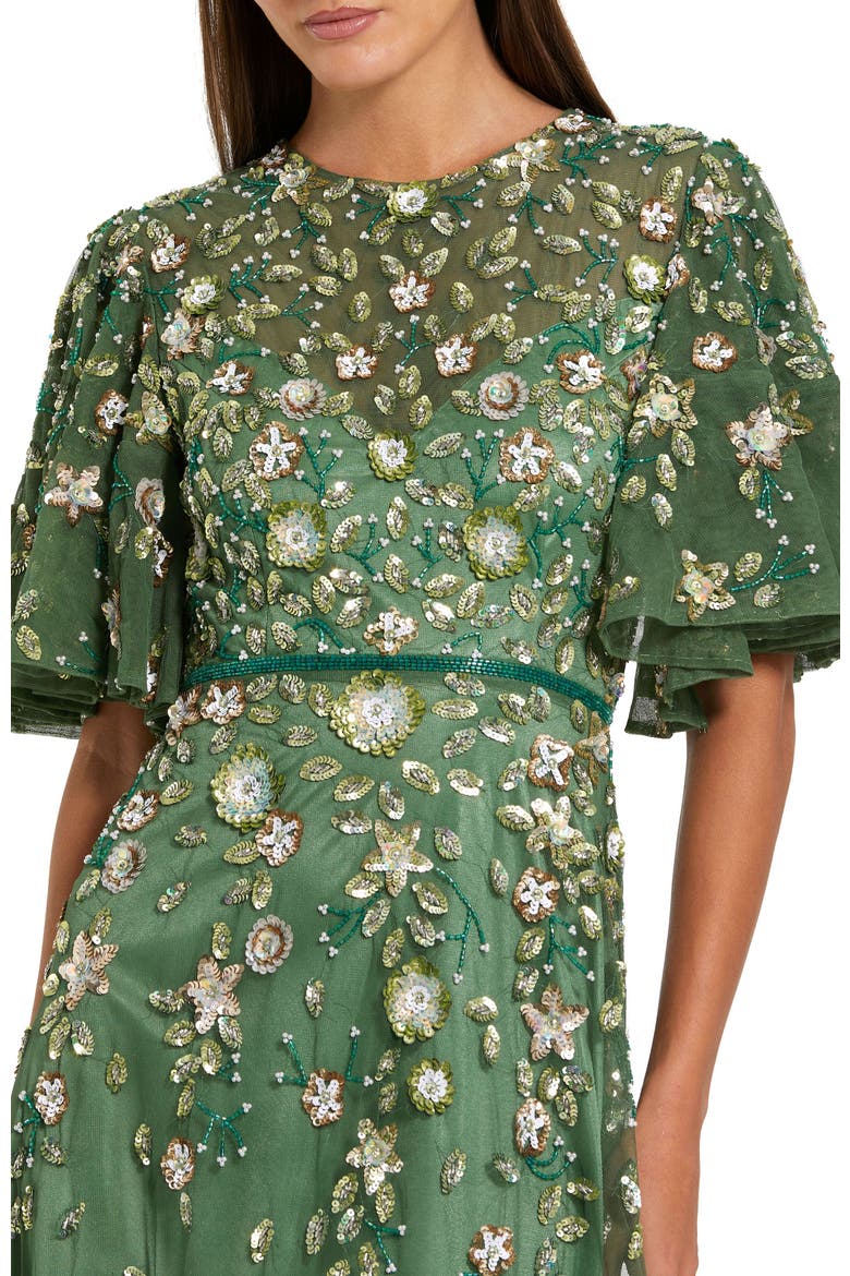 Women's Floral Embellished Flutter Sleeve Midi Dress, Alternate, color, Sage