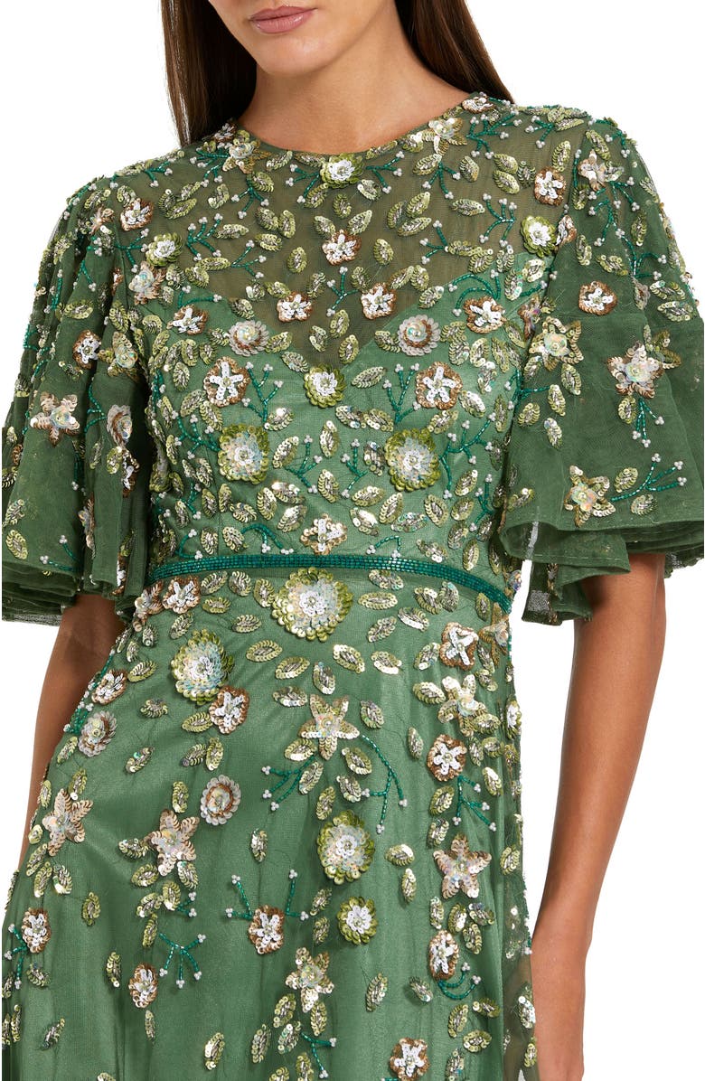 Mac Duggal Floral Embellished Flutter Sleeve Midi Dress, Alternate, color, Sage