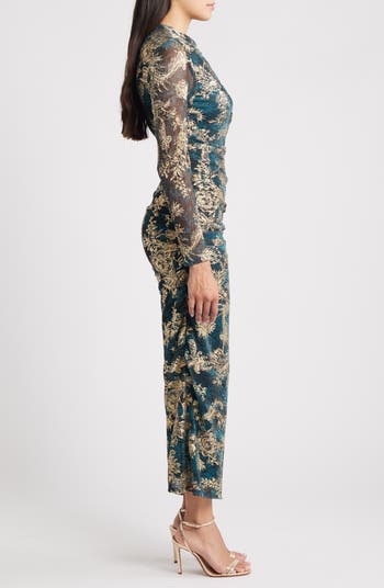 Metallic Floral Long Sleeve Ruched Gown