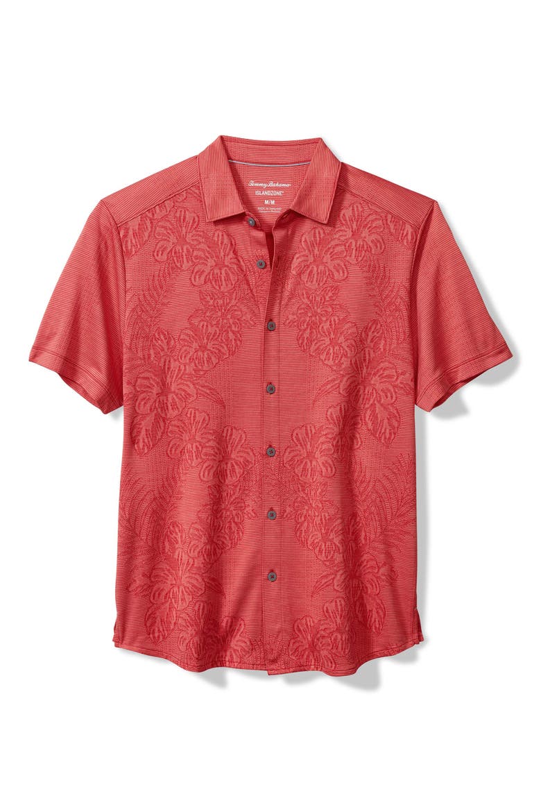 Palm Coast Cascade Vines IslandZone® Performance Short Sleeve Knit Button-Up Shirt, Main, color, DARK HAVANA