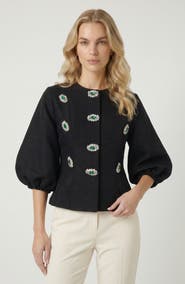 Modenaire Embellished Puff Sleeve Button Jacket