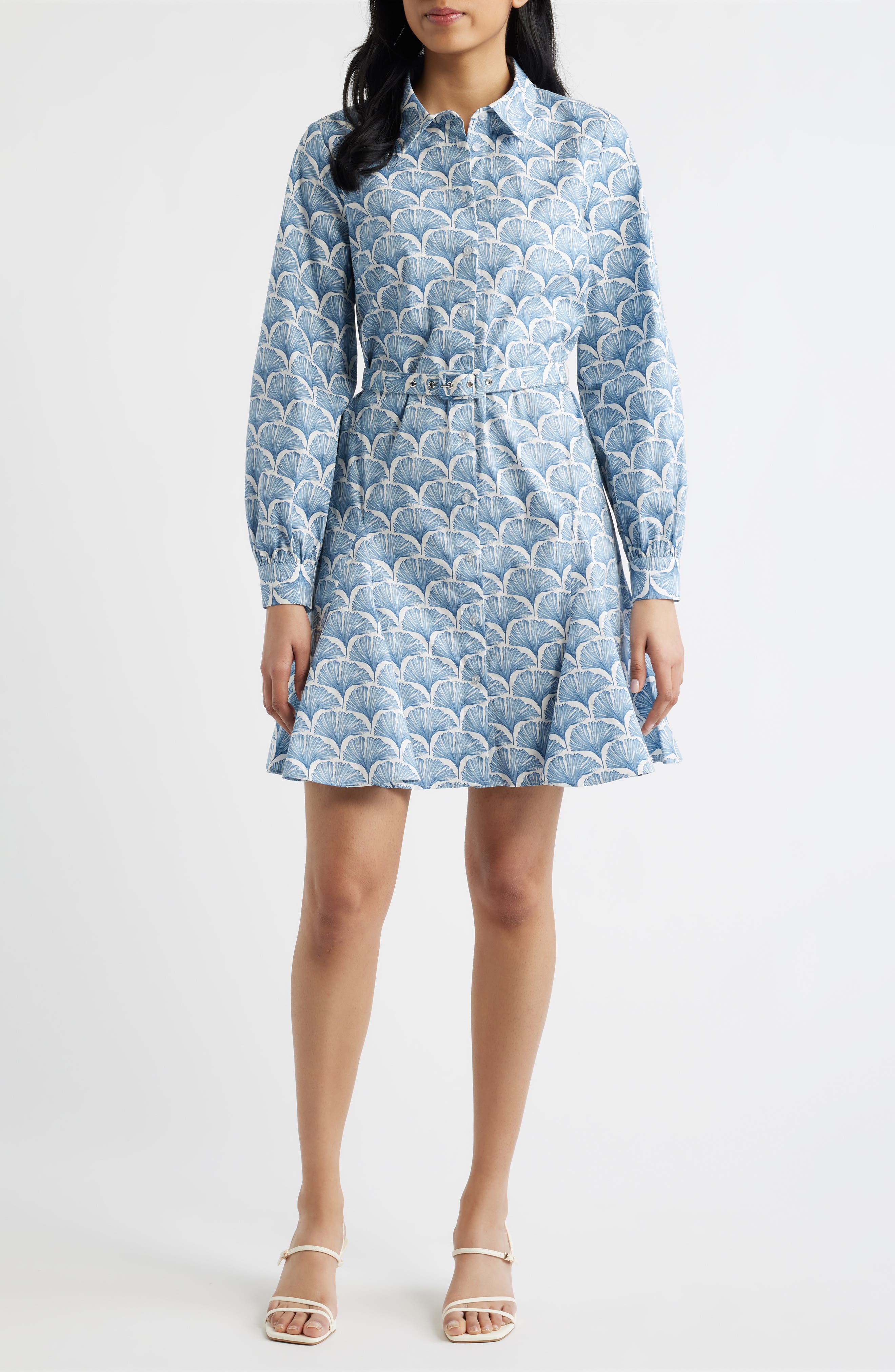 Fan Print Belted Button-Up Shirtdress