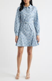 CeCe Fan Print Belted Button-Up Shirtdress