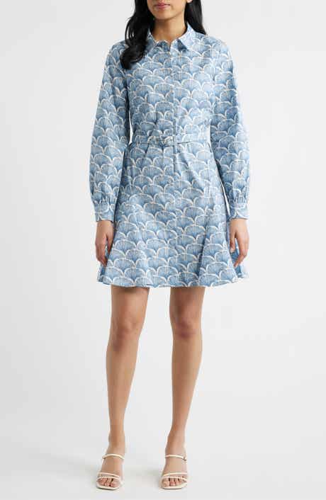 Fan Print Belted Button-Up Shirtdress