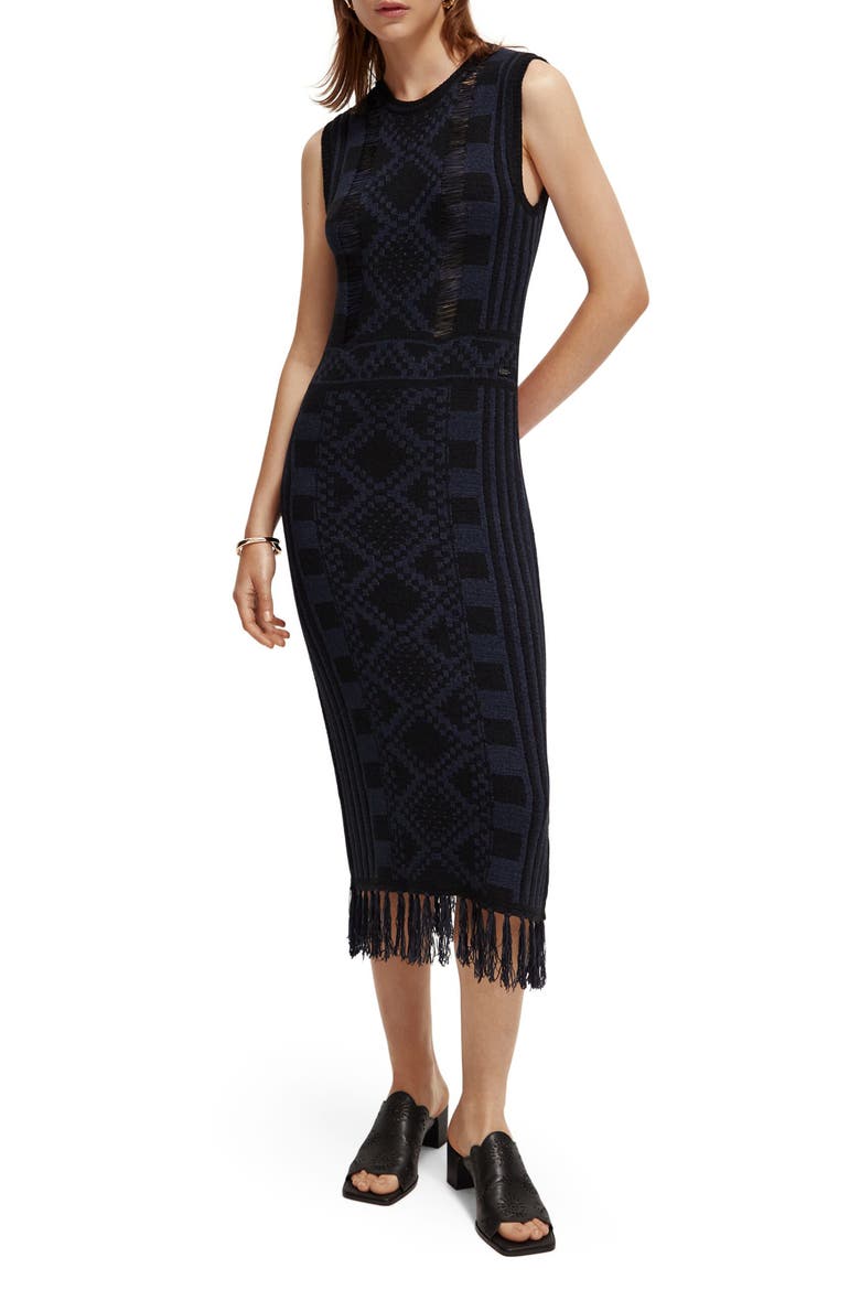 Geo Jacquard Fringe Hem Sleeveless Sweater Dress, Main, color, NIGHT