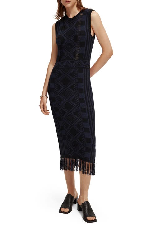 Geo Jacquard Fringe Hem Sleeveless Sweater Dress