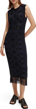 Scotch & Soda Geo Jacquard Fringe Hem Sleeveless Sweater Dress