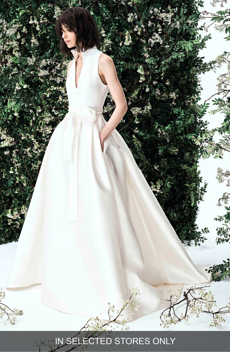 Carolina Herrera Lydia Stand Collar Silk Mikado Wedding Dress, Main, color,