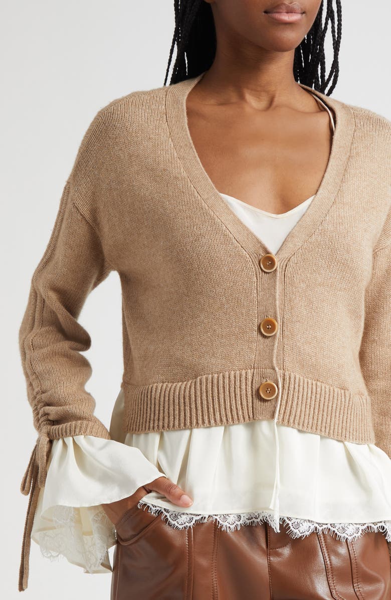 Cinq à Sept Atley Lace Trim Mixed Media Cardigan, Alternate, color, Cappuccino/ Ivory