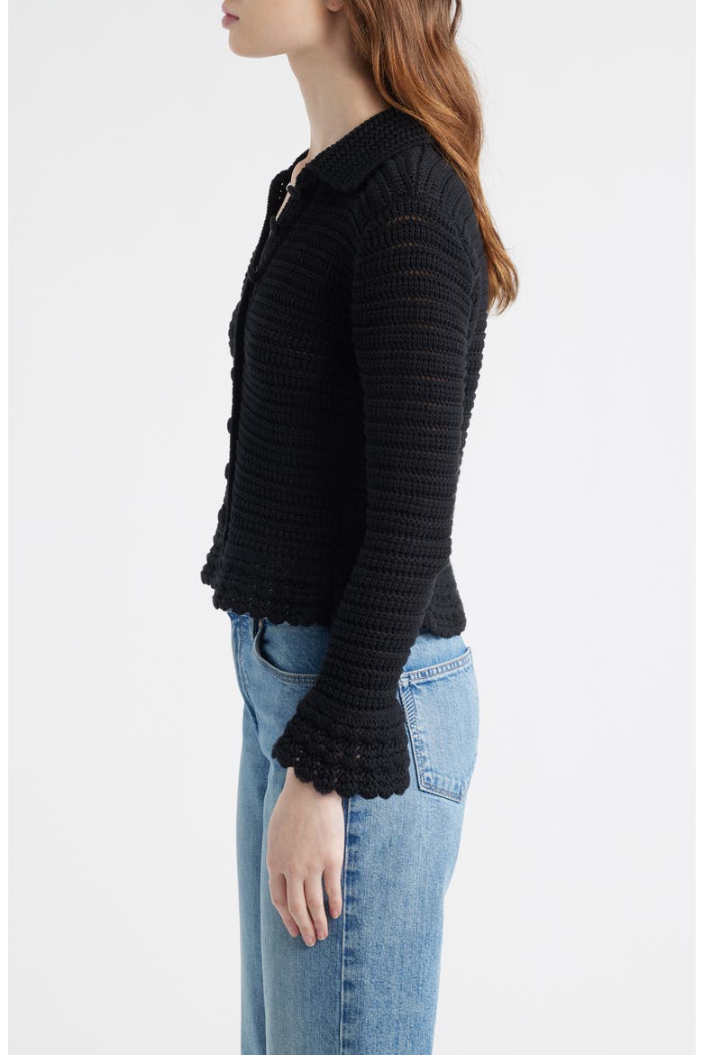 Pointelle Knit Peplum Cotton Cardigan, Alternate, color, JET BLACK