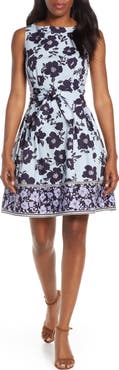 Vince Camuto Floral & Stripe Fit & Flare Dress