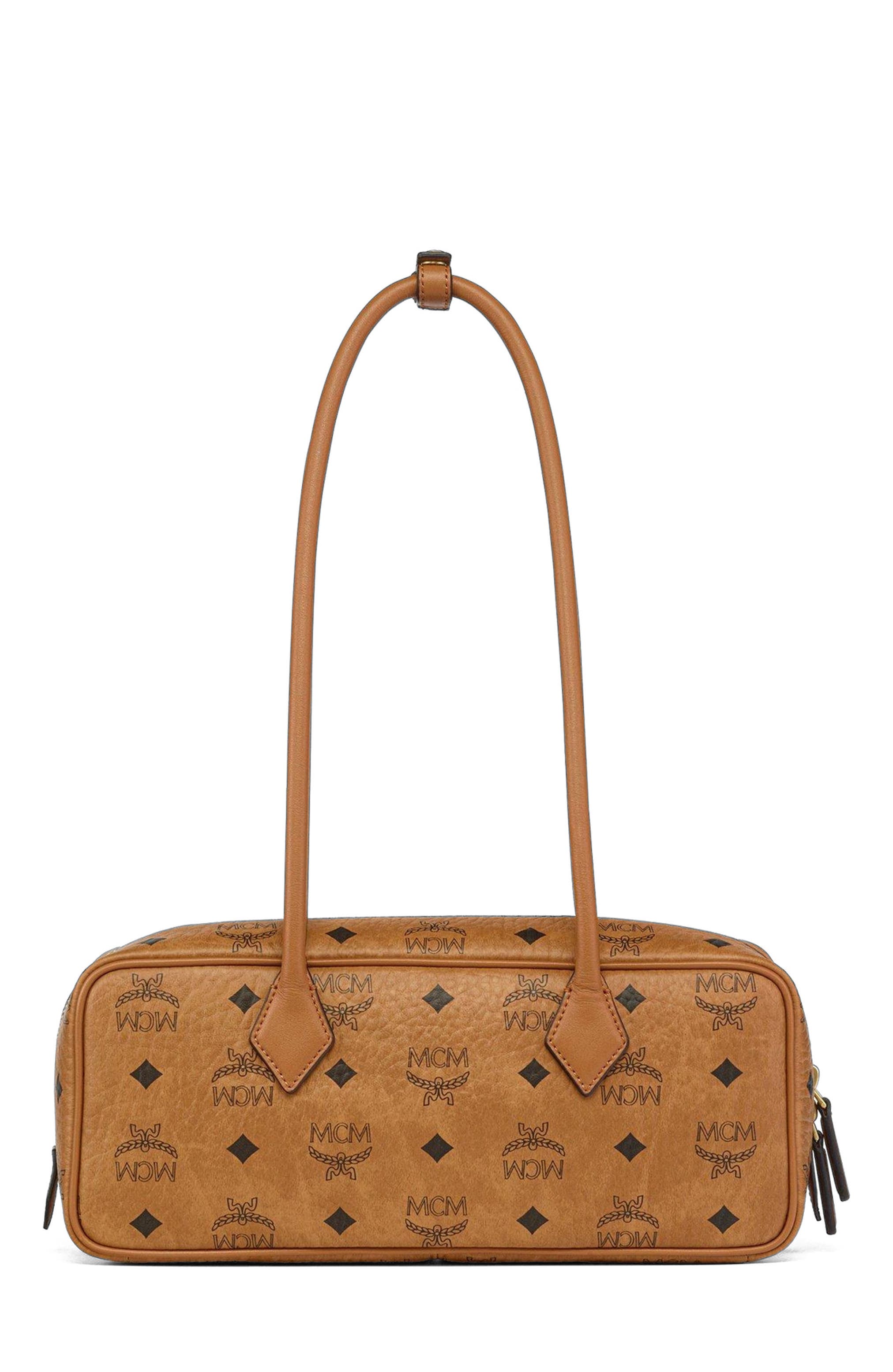 MCM Small Aren East West Shoulder Bag in Visetos, Alternate, color, Cognac