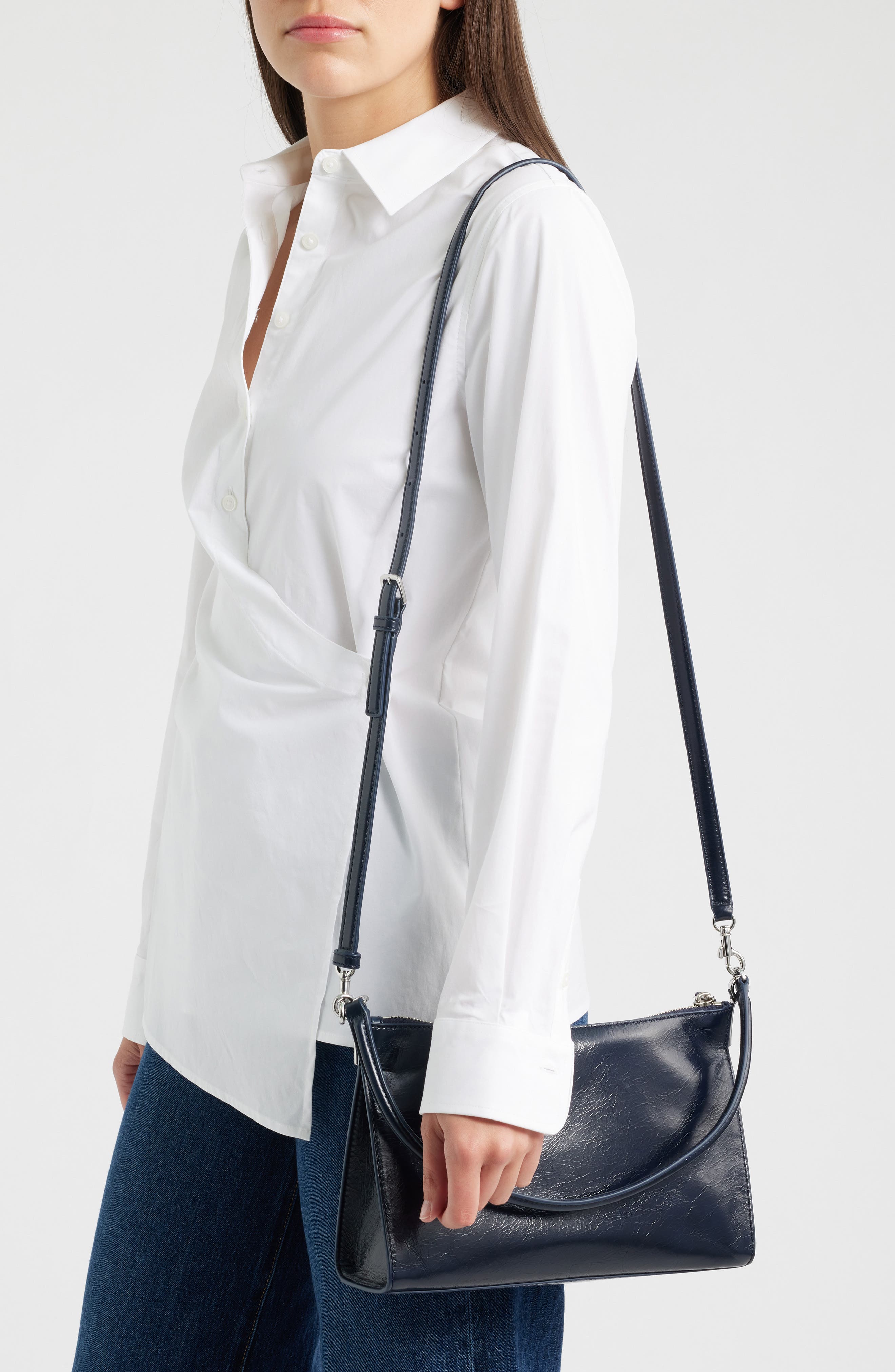 Small Crinkled Leather Shoulder Bag, Alternate, color, NAVY