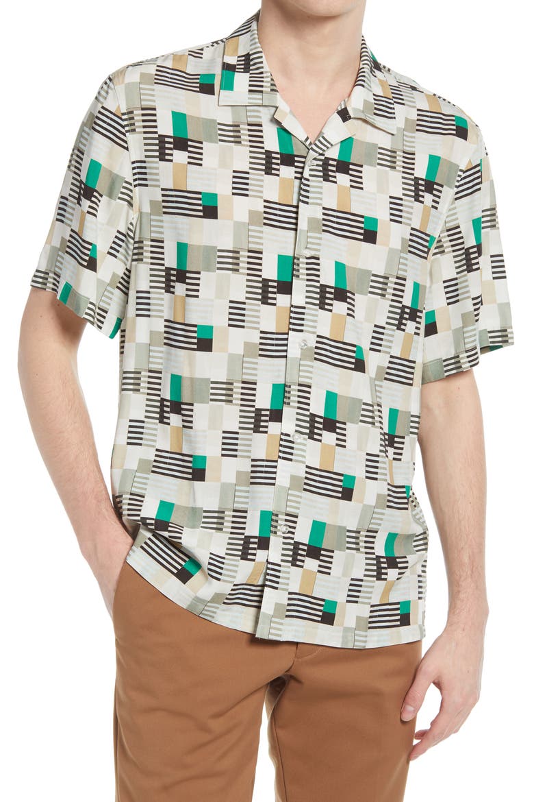 Print Short Sleeve Camp Shirt, Main, color, GREEN MULTI