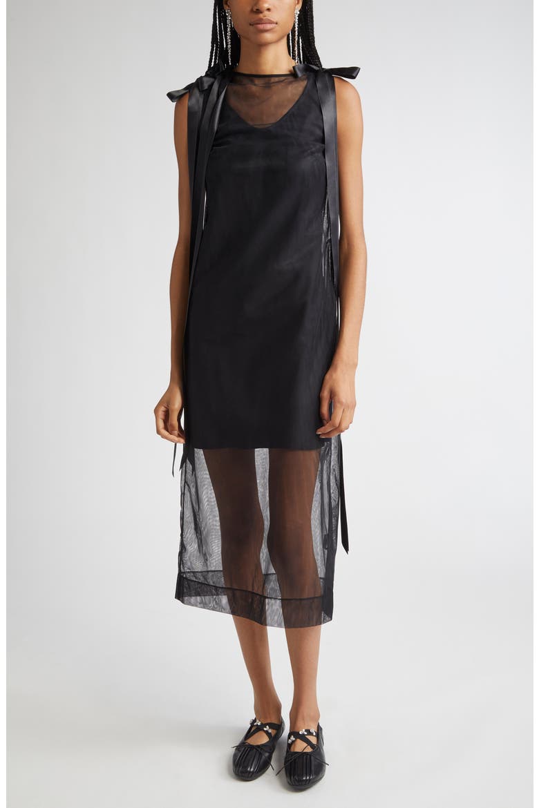 Bow Detail Sheer Tulle Midi Dress, Main, color, BLACK