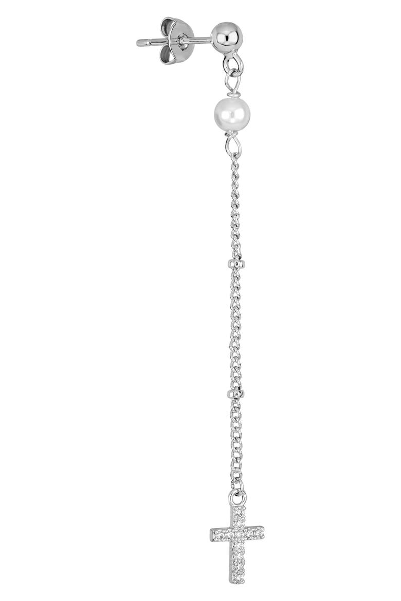 Imitation Pearl & Cross Linear Drop Earrings, Alternate, color, SILVER