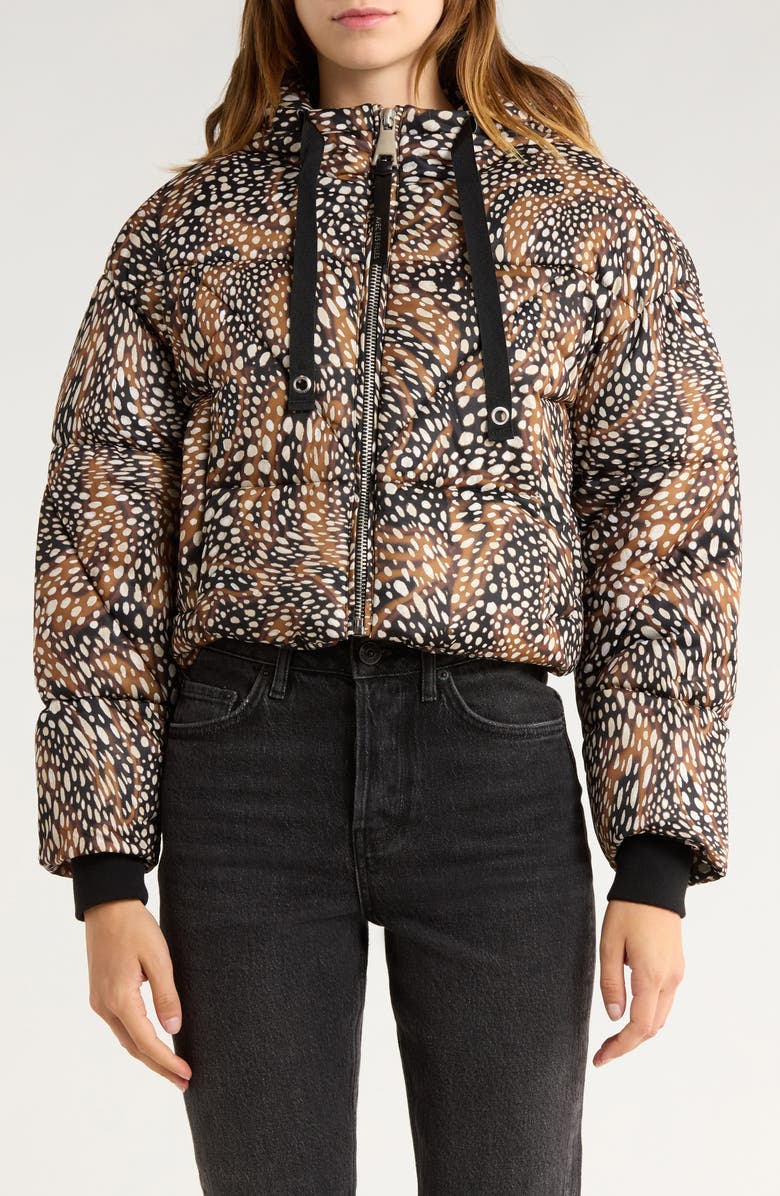 Avec Les Filles Cropped Hooded Puffer Coat, Alternate, color, Brown Spotted Animal