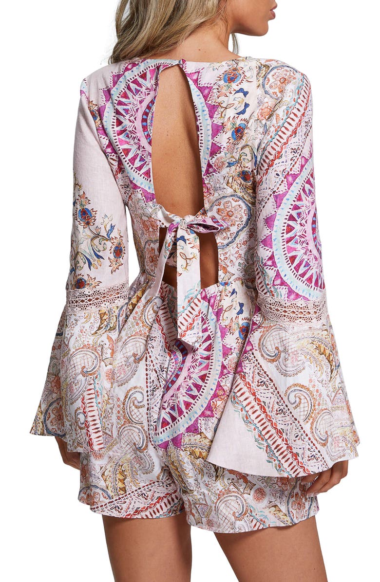 GUESS Kali Paisley Cutout Long Sleeve Linen Romper, Alternate, color, 