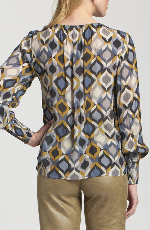 Apny Printed Smocked Cuff Top In Blue