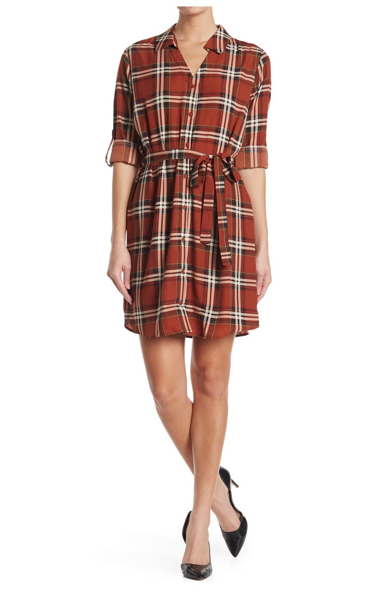 Collective Concepts Plaid Waist Tie Shirt Dress, Main, color,