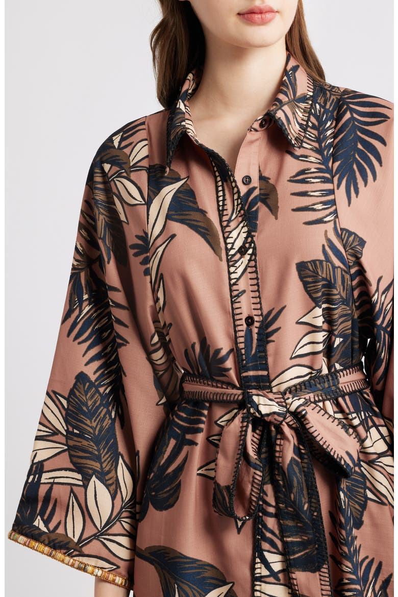 Gaia Leaf Print Mini Shirtdress, Alternate, color, TAUPE