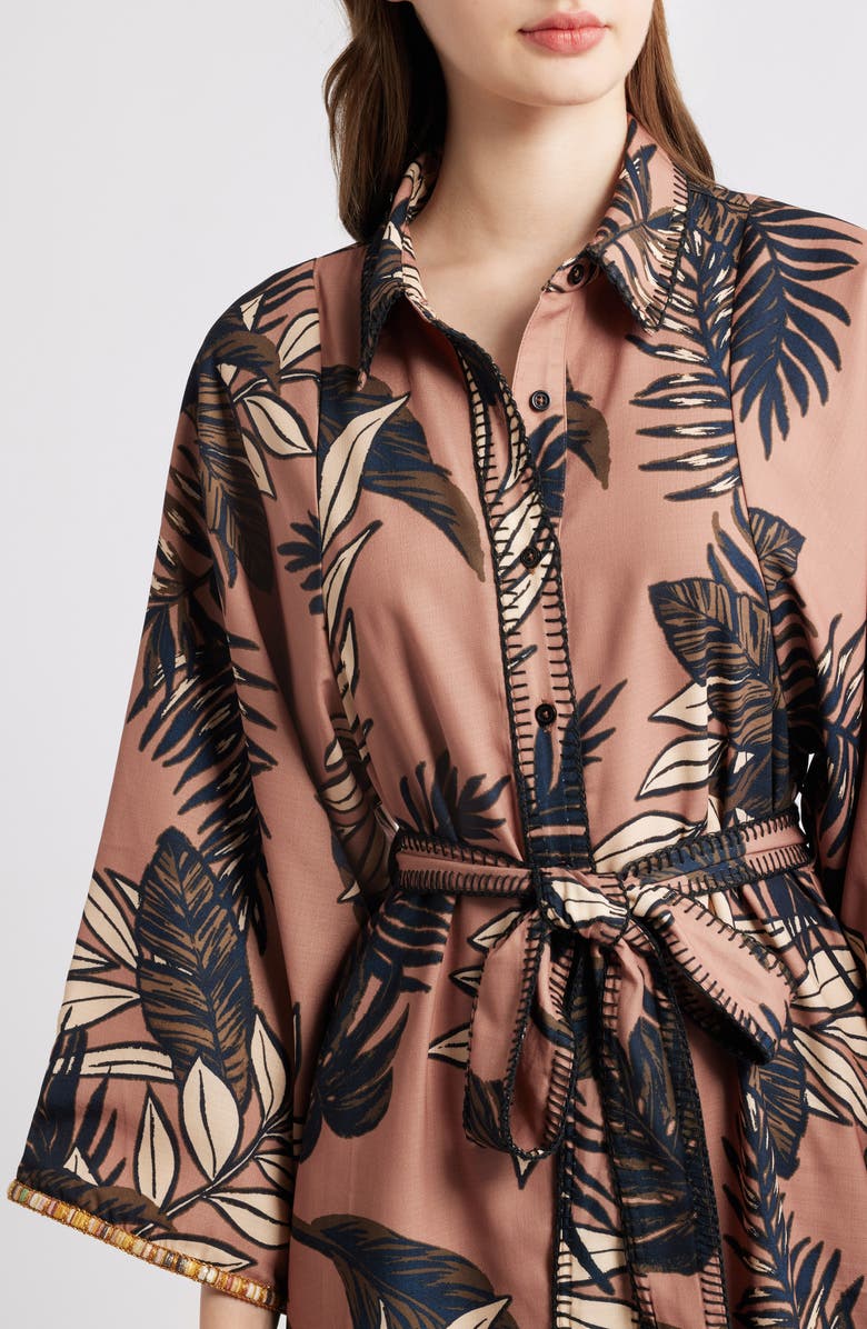 CIEBON Gaia Leaf Print Mini Shirtdress, Alternate, color, Taupe