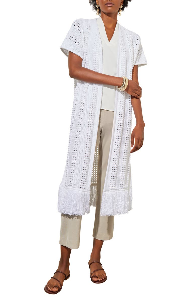 Ming Wang Fringe Trim Short Sleeve Knit Jacket, Main, color,