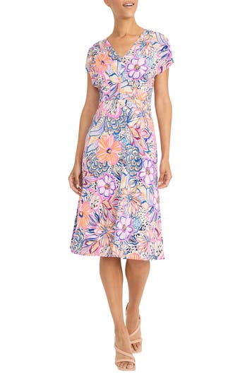 Maggy London Pleated Bodice Midi Dress In Ivory/pink