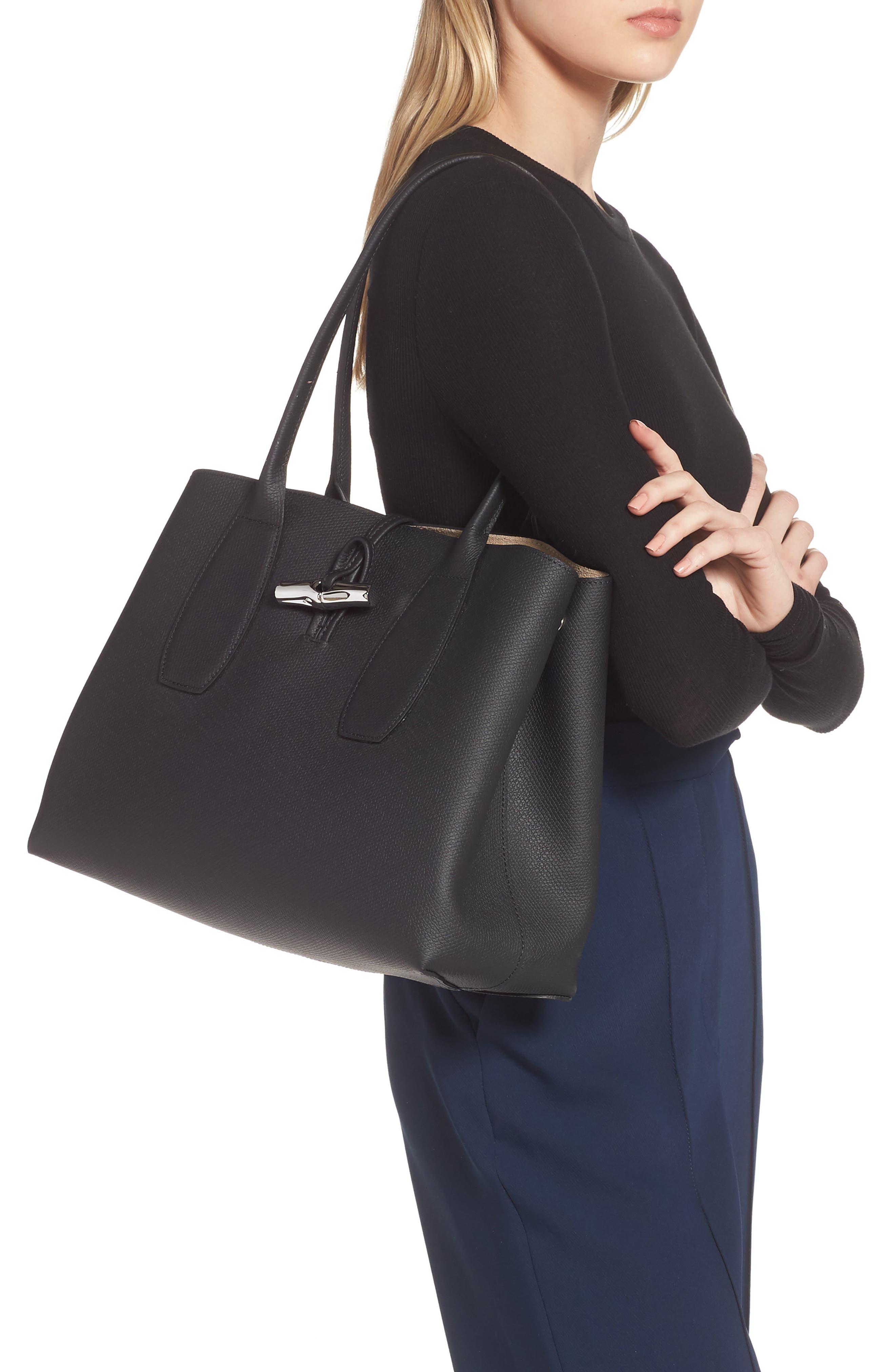 Roseau Leather Shoulder Tote, Alternate, color, BLACK