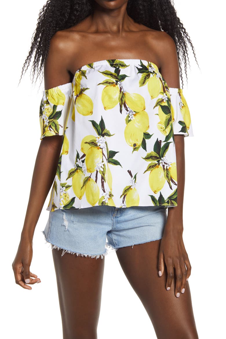 Lemon Print Off the Shoulder Top, Main, color, WHITE