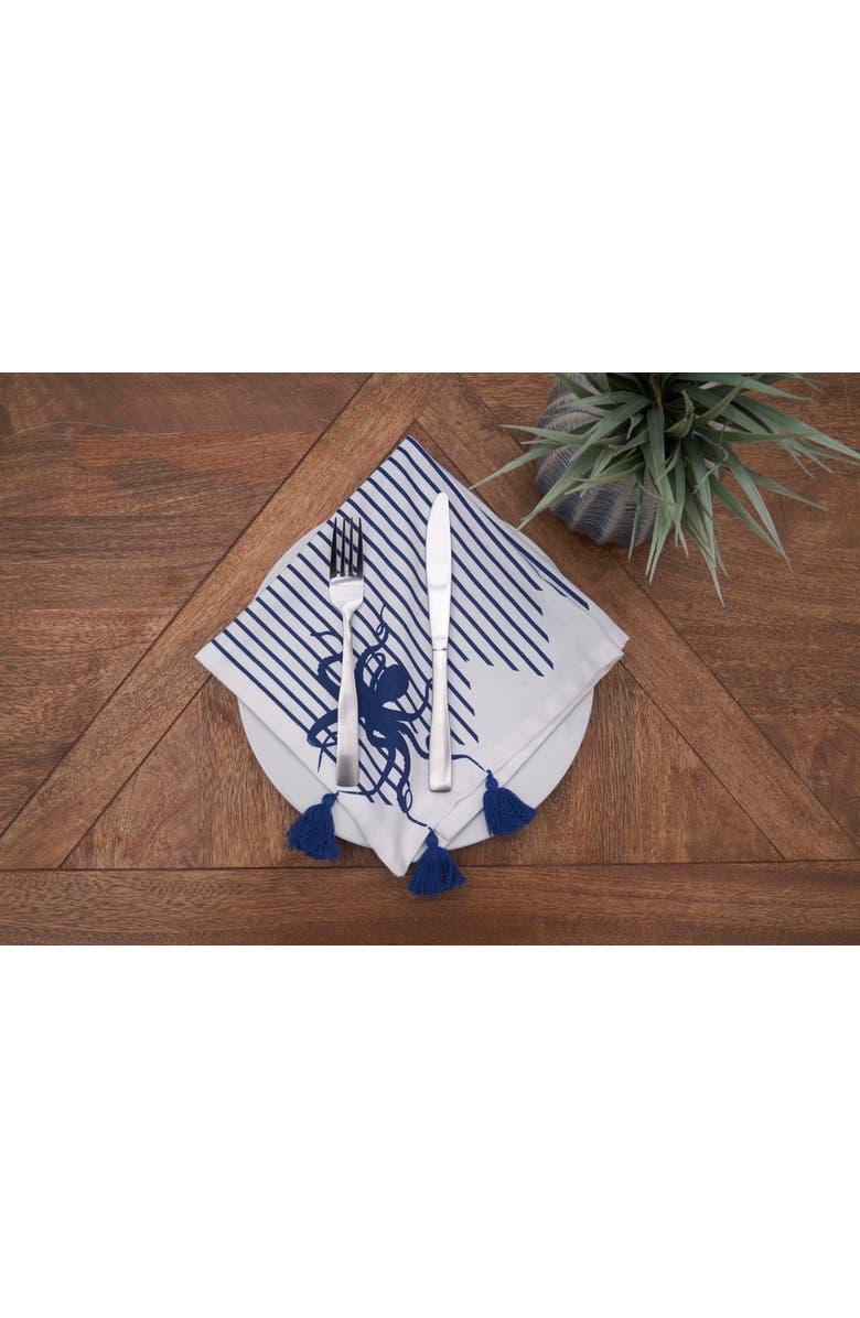 C&F Home Indigo Octopus Stripes and Tassels Machine Washable Napkins Set of 6, Alternate, color, Blue