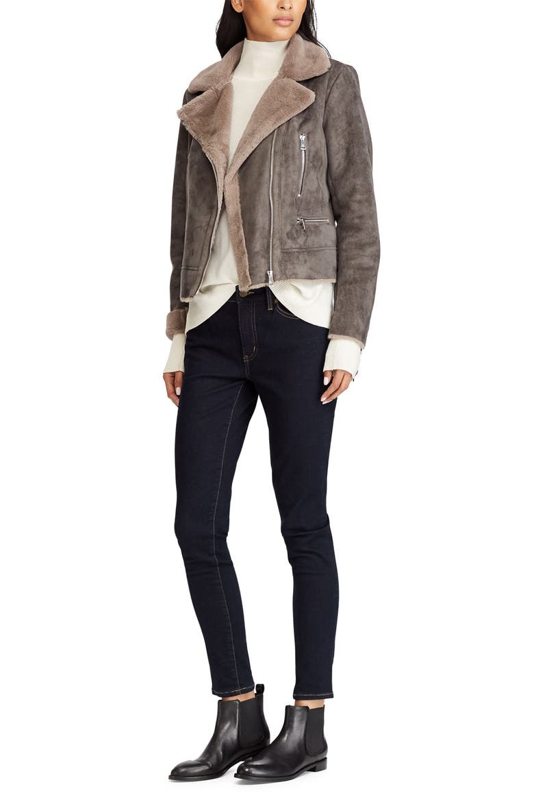 Faux Shearling Moto Jacket, Alternate, color, GREY