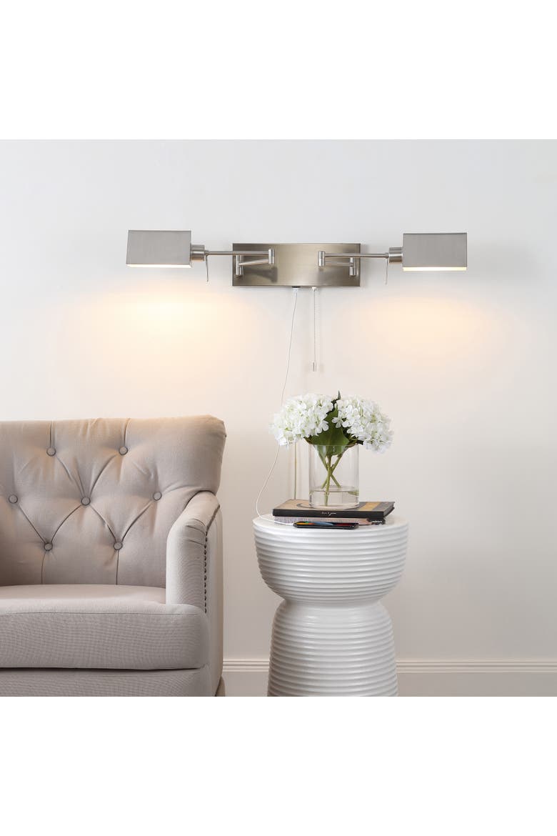 Arlo 2-Light Farmhouse Industrial Double Swing Arm Iron LED Wall Sconce with Pull-Chain USB Charging Port, Alternate, color, Nickel