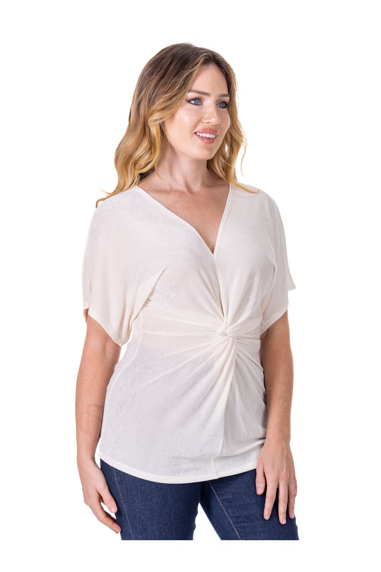 Petites V-Neck Knot Front Cap Sleeve Top, Alternate, color, Ivory