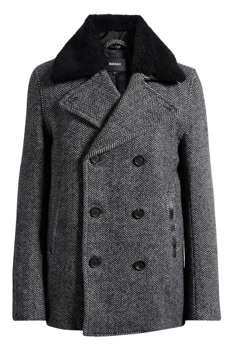 Cole Genuine Shearling Collar Wool Blend Peacoat, Alternate, color, BLACK-WHITE