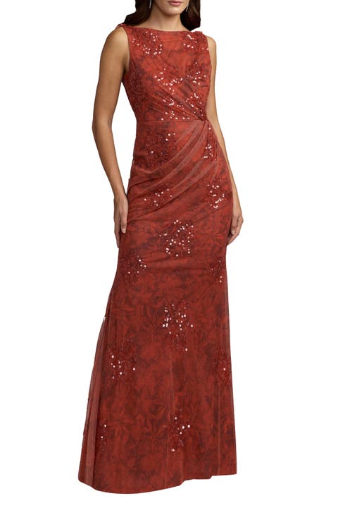 Women's High Neck Printed Mesh Cowl Back Column Gown