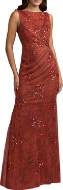 Mac Duggal Women's High Neck Printed Mesh Cowl Back Column Gown