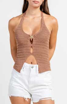 Pointelle Halter Metallic Sweater Top