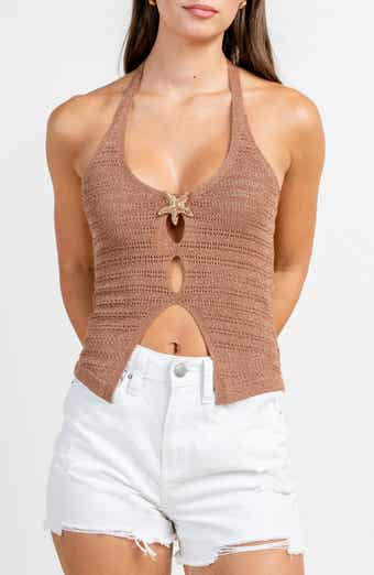 Pointelle Halter Metallic Sweater Top