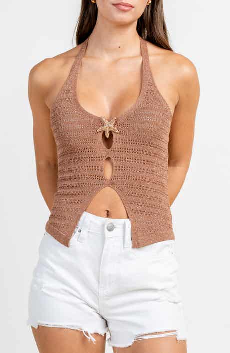 Pointelle Halter Metallic Sweater Top