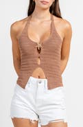 Beivy Pointelle Halter Metallic Sweater Top