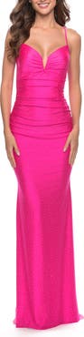 La Femme Rhinestone Ruched Jersey Prom Dress with Lace Up Back in Bright Colors