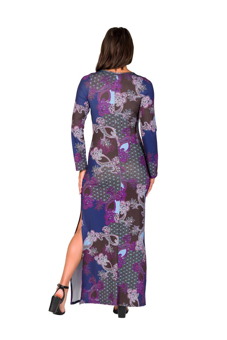 Paisley Long Sleeve Side Slit Fitted Maxi Dress, Alternate, color, Purple Multi