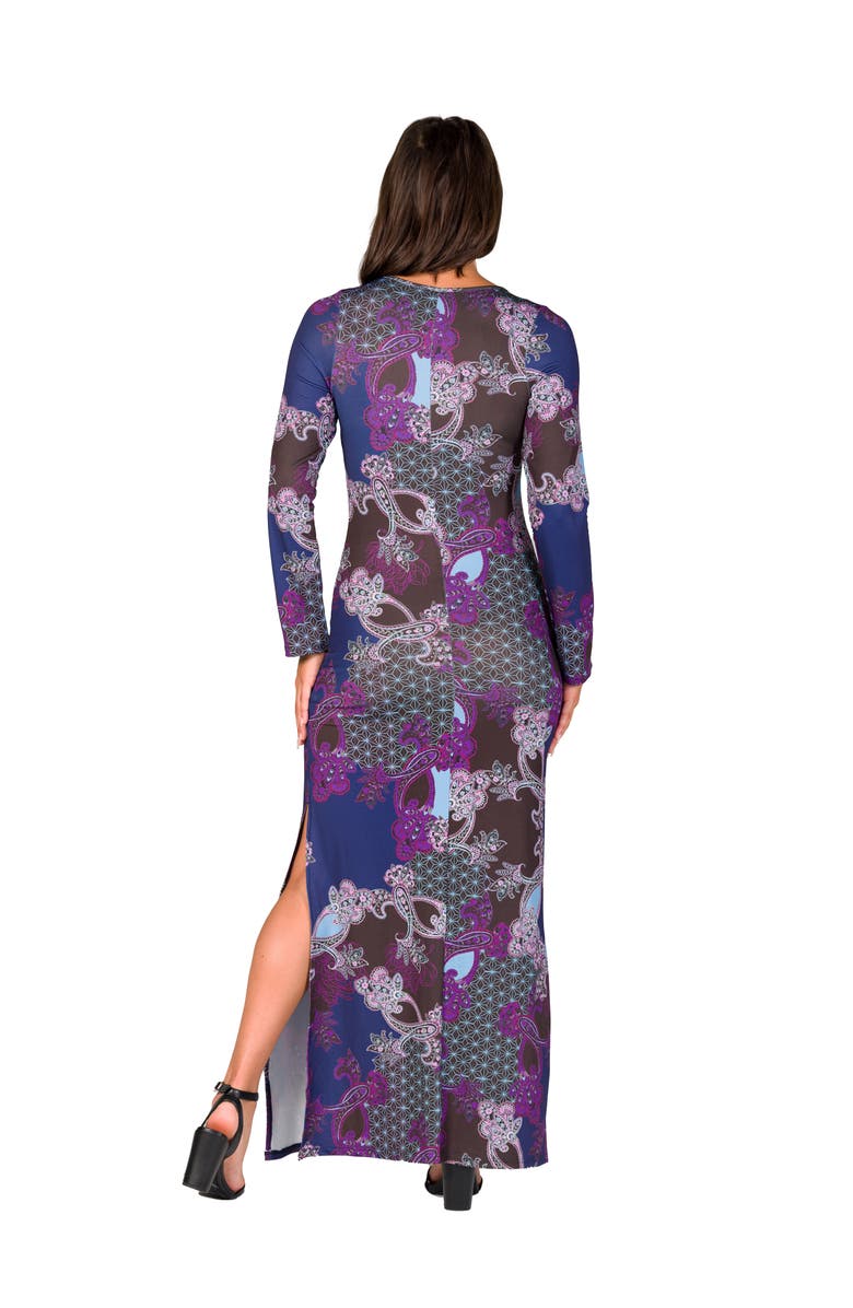 24seven Comfort Apparel Paisley Long Sleeve Side Slit Fitted Maxi Dress, Alternate, color, Purple Multi